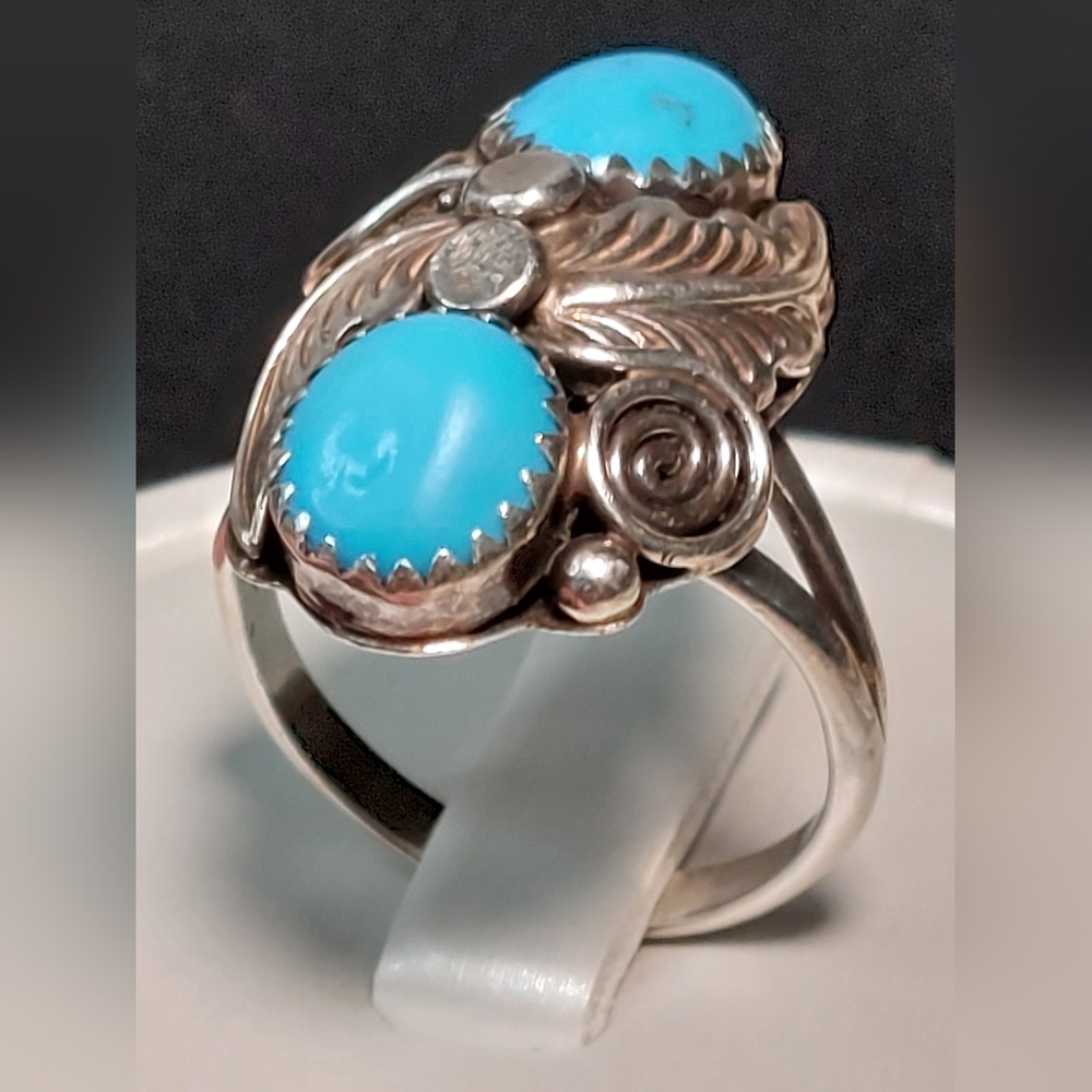 Native American Sterling Silver Turquoise Ring Signed M Size 8 - Picture 6 of 11